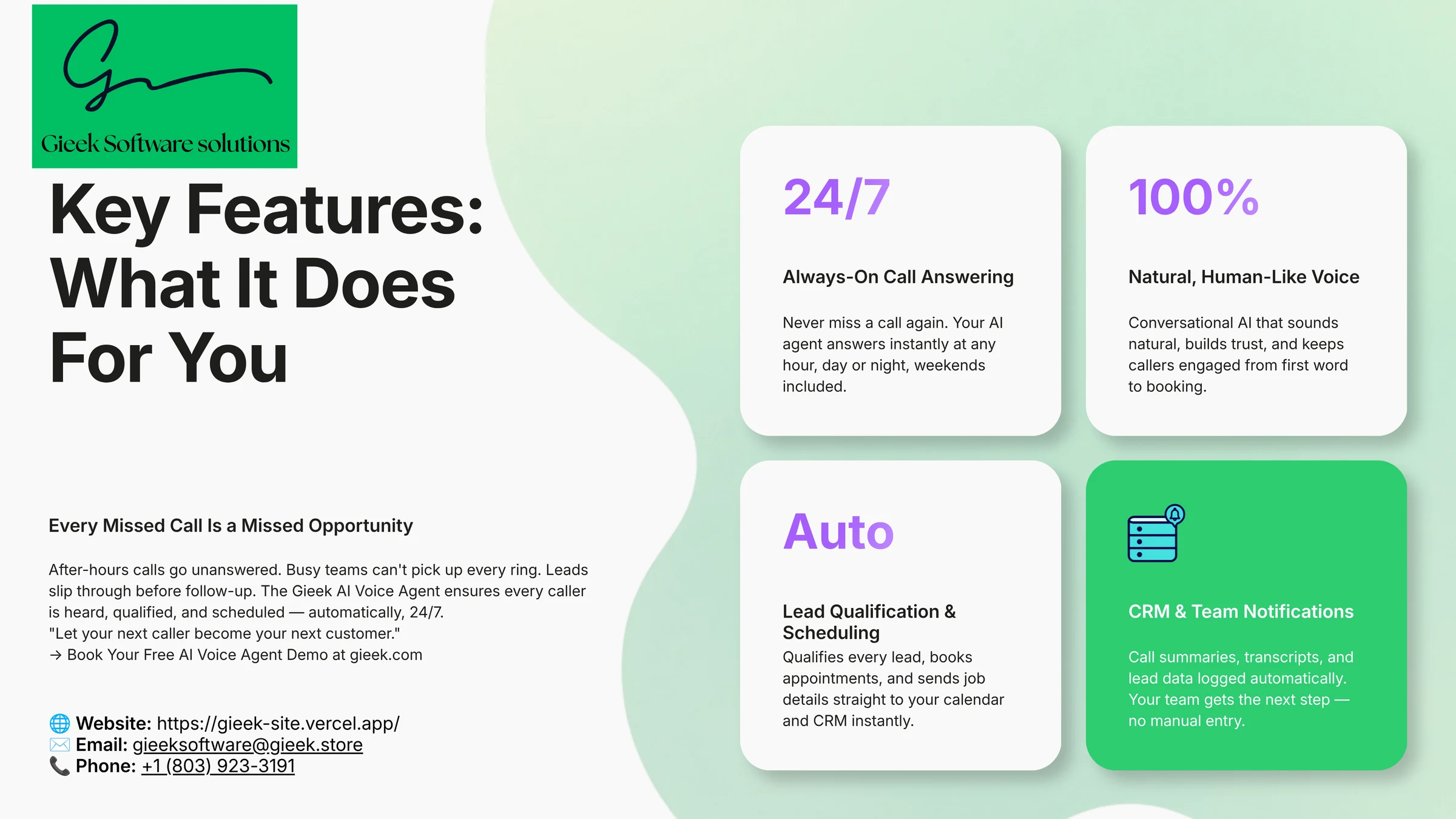 Key features: 24/7 always-on call answering, natural human-like voice, automatic lead qualification and scheduling, and CRM and team notifications.